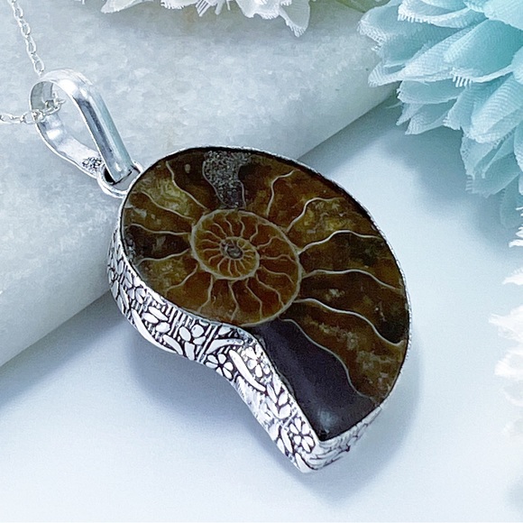 Ammonite with Ammolite Inlay Pendant in Sterling Silver | Starborn